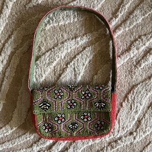 ANTHROPOLOGIE - Beaded Coral and Green Bee Bag